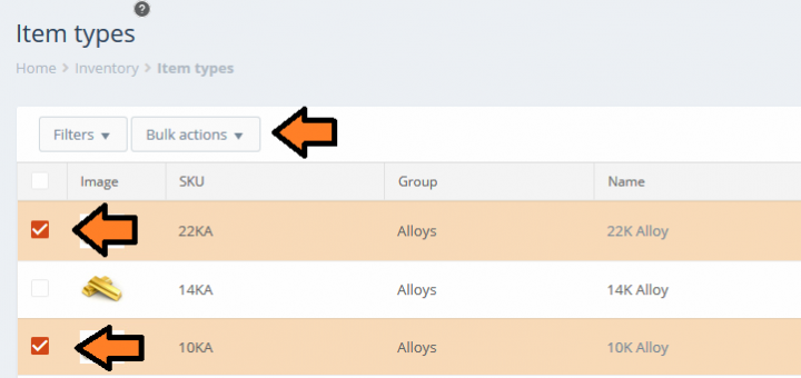 Item types - Bulk actions