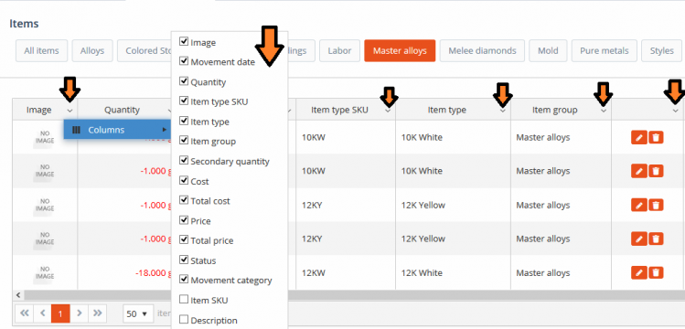 Inventory history - Enable and disable columns