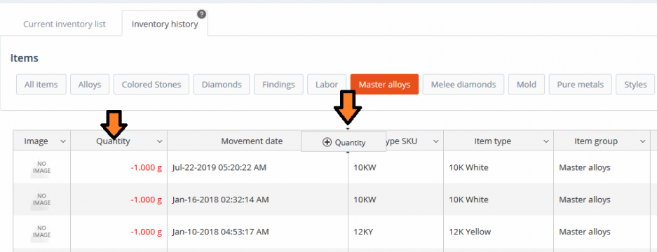 Inventory history - move column