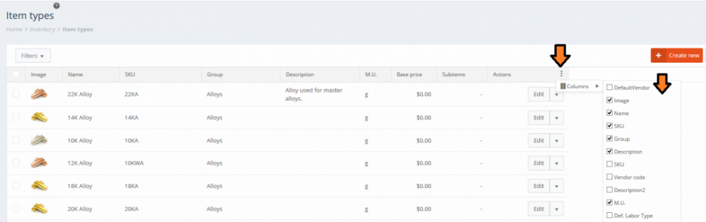 Item types - Enable and disable columns