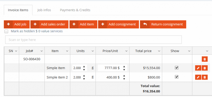 Sales order items placed on invoice